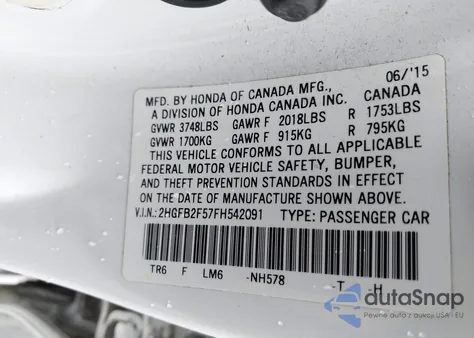 2015 Honda Civic Lx z USA, uszkodzony, nr VIN 2HGFB2F57FH542091